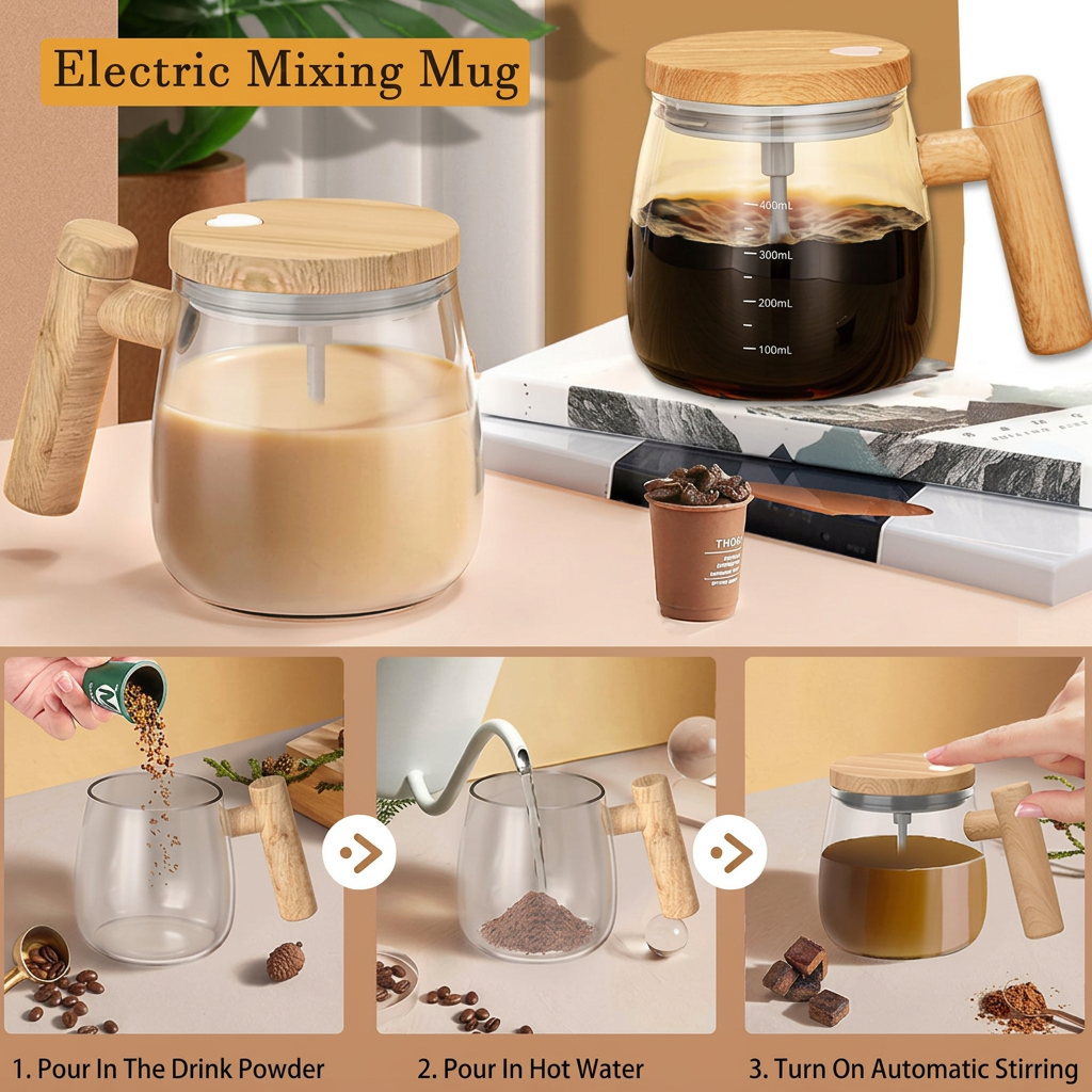 Three illustrated steps for preparing a drink in the StirEase mug